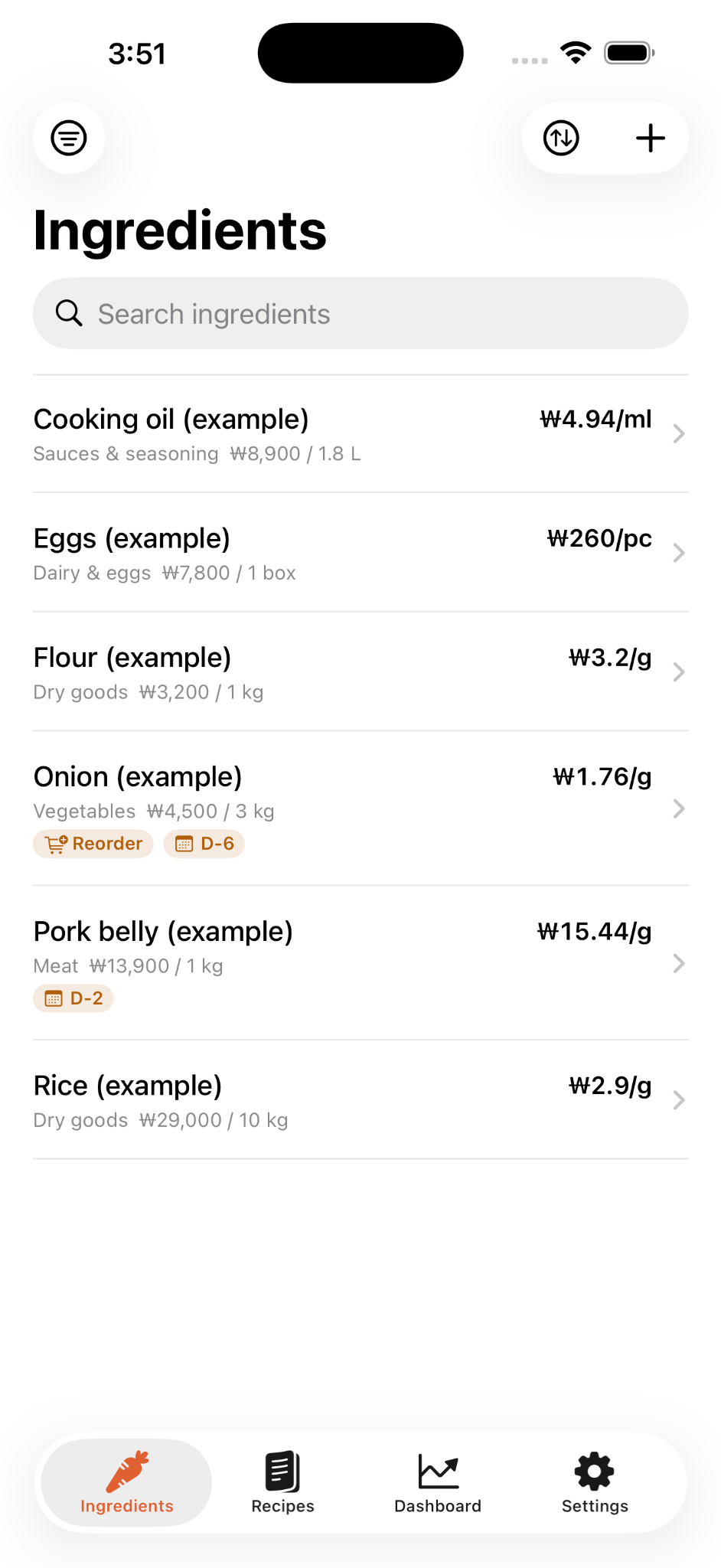 Delicious Cost ingredient unit-cost, reorder, and expiry screen