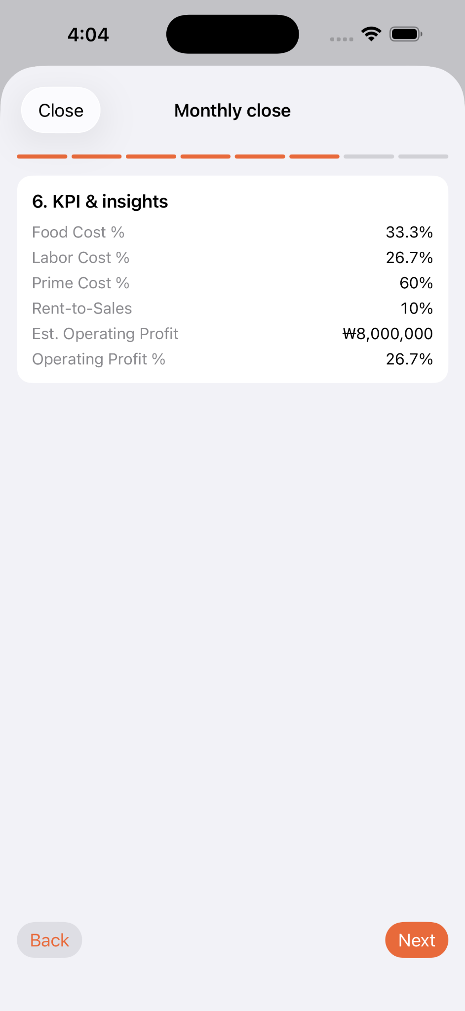 Delicious Cost monthly-close KPI and insights screen