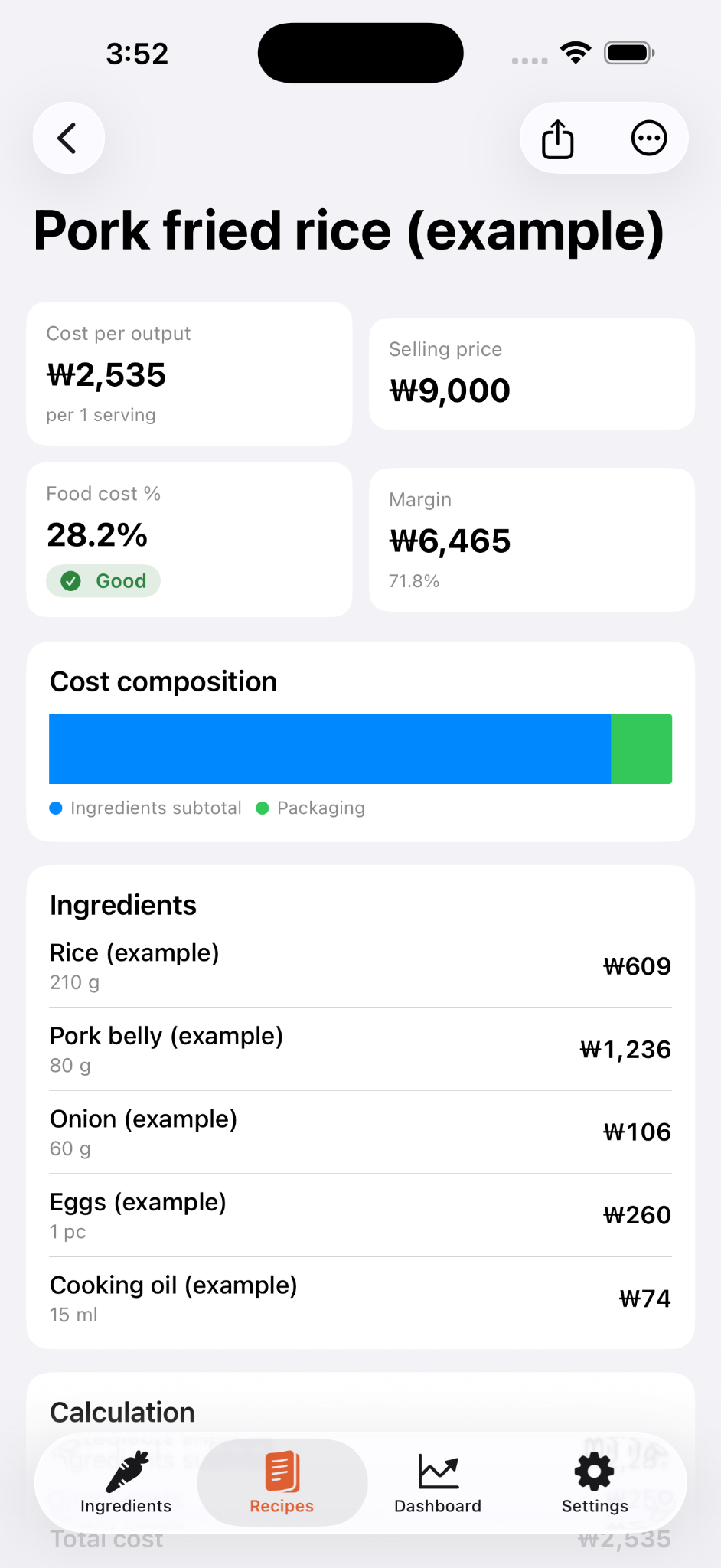 Delicious Cost recipe cost, food-cost percentage, and margin detail screen